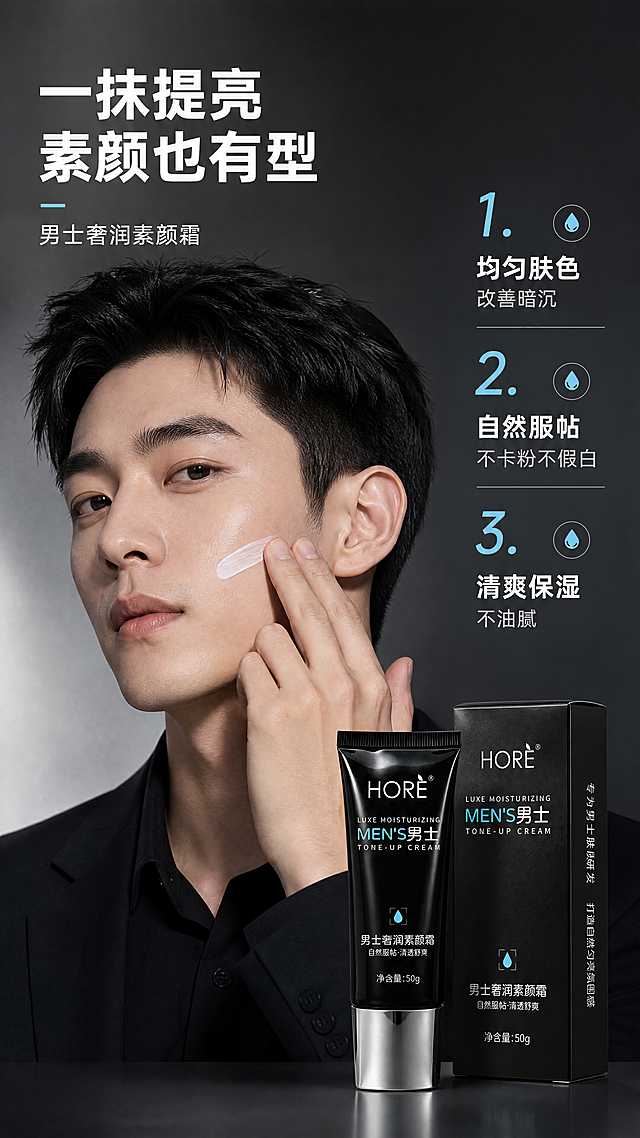 [商品] 使用【图1】HORE男士奢润素颜霜；保留产品外观、Logo及所有包装文字；产品放在画面右下角，与人物自然融合。
[画面] 目标：真人效果展示，增强代入感。构图：半身氛围型，亚洲年轻男士模特（25-30岁，清爽短发，干净商务气质），左侧脸部特写，手指正在脸颊涂抹素颜霜，展示使用中状态；右侧脸部呈现匀亮自然的好气色效果；右下角融入产品图；背景为深灰渐变+柔和侧光；一侧有编号利益点；产品与人物同页融合，不做硬分割。
[视觉] 套系策略：风格=高端男士护肤商业摄影风；标题字=现代无衬线粗黑体；正文字=简洁无衬线中黑体；主色=炭黑+银灰；背景延展=基于炭黑做深浅渐变、同色系层次和细腻哑光/金属质感；强调色=冰蓝色，仅用于小面积图标、引线和标签高光；标题色=纯白；正文色=浅银灰；组件=圆角深色信息卡、细银线引线、冰蓝色水滴图标；光影=侧前冷调柔光，突出肌肤质感与产品光泽。
[文字] 左上主标题「一抹提亮 素颜也有型」；右侧竖排3个编号效果点：1.「均匀肤色 改善暗沉」2.「自然服帖 不卡粉不假白」3.「清爽保湿 不油腻」；文字横向排版，不遮挡人物脸部主体。
[规格] 淘宝/天猫详情页，单屏比例9:16竖版，4K分辨率，负向提示：避免变形、错字、文字过小、女性模特、夸张妆效、医疗前后对比、极限词、欧美面孔。