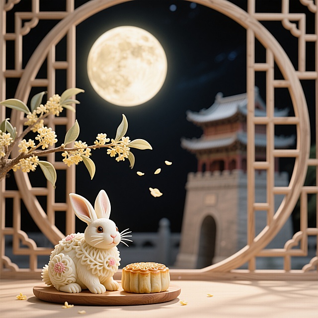 以面食为主材料，用山西传统花馍造型塑造兔子花馍和桂花花馍，整体用拱形古代镂空窗格围绕，满溢阖家团圆的温馨氛围
#中秋国庆·双节献礼