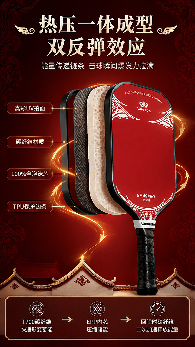 [商品] 使用【图1】金炮GF-4S Pro燕归吟系列红白款匹克球拍；保留拍面朱红底色、白色燕尾雕花、VAPORDO Logo、GF-4S PRO 16MM字样、黑色握柄的完整结构与颜色；球拍清晰展示，不改变版型和材质。
[画面] 热压一体成型结构页，目标展示四层结构与双反弹能量传递链条；中心爆炸/剖面构图，球拍纵向剖面在画面中央，四层结构（真彩UV拍面、碳纤维材质、100%全泡沫芯、TPU保护边条）分层展开示意，周围环绕能量传递箭头表现双反弹效应；产品剖面占画面约55%；背景为暗调朱砂红渐变底，四周淡淡闽南雕花暗纹，底部浅米灰燕尾脊剪影。
[视觉] 套系策略：风格=高级中国闽南国风商业产品摄影；标题字=国风宋体粗体（笔画带燕尾装饰）；正文字=现代黑体；主色=暗调朱砂红；背景延展=基于暗调朱砂红做径向渐变，叠加闽南雕花暗纹与底部燕尾脊剪影；强调色=微弱金色（仅用于能量箭头、结构层高光、引线端点）；标题色=米白/浅金；正文色=浅米灰；组件=分层爆炸示意、能量传递箭头、引线标注、结构标签卡；光影=柔和柔光+浅景深+金色环境光，结构层次分明，立体感强。
[文字] 顶部主标题「热压一体成型 双反弹效应」，副标题「能量传递链条 击球瞬间爆发力拉满」；中部四层结构用引线分别标注：「真彩UV拍面」「碳纤维材质」「100%全泡沫芯」「TPU保护边条」；底部能量流程说明：「T700碳纤维快速形变蓄能 → EPP内芯压缩储能 → 回弹时碳纤维二次加速释放能量」；文字均为横排，不遮挡球拍主体。
[规格] 图片比例9:16竖版，4K分辨率，淘宝/天猫适配，中文文案；负向提示：避免变形、错字、文字过小、冷蓝/蓝灰背景、球拍颜色改变、结构失真、杂乱杂物、竖排文字。