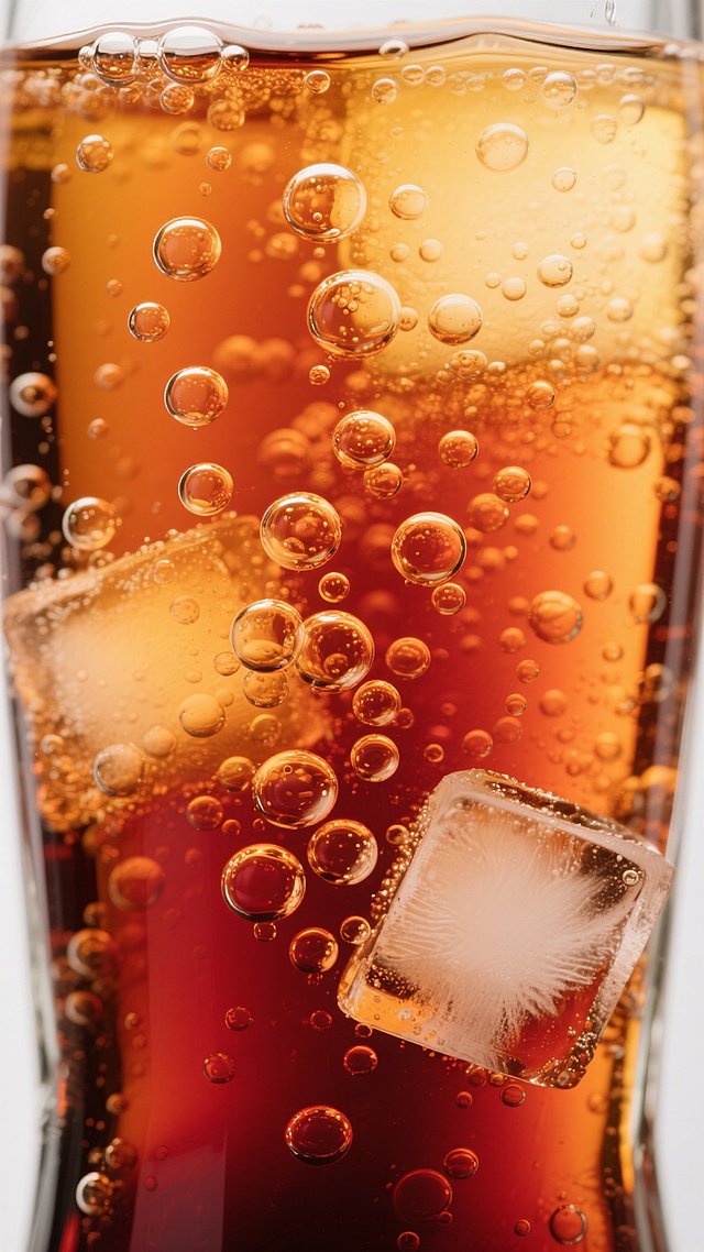 特写镜头下的可乐液体，呈现从底部深红色渐变至中部琥珀橙再到顶部浅黄色的自然色彩过渡，大量大小不一、表面光滑且带有高光反光的气泡在液体中上升、聚集，部分气泡附着在透明的容器内壁，液体中夹杂着少量不规则形状的冰块轮廓，整体画面光影柔和，高光区域明亮但不过曝，阴影部分保留细节，营造出清凉、充满活力且富有质感的视觉效果，气泡的动态感和色彩的层次感突出了可乐的清爽与气泡特性。