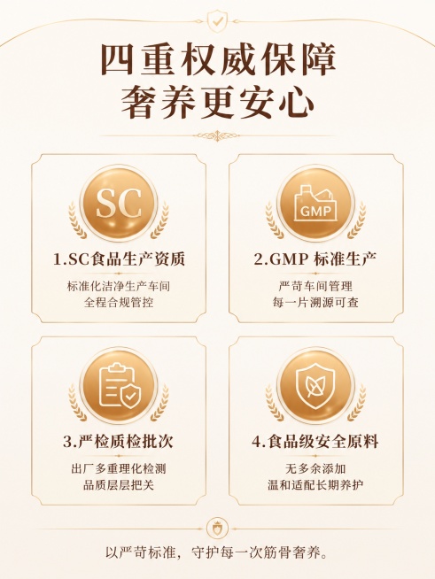 [第8屏] 权威保障页-秒丹鹿筋肽骨胶原闪释片四重资质保障模块。
[氛围/风格] 高端医疗资质展示风，对称规整排版，轻奢高级，低饱和配色。
[元素布局] 顶部放置板块标题，下方四个资质分两行两列排列，预览效果