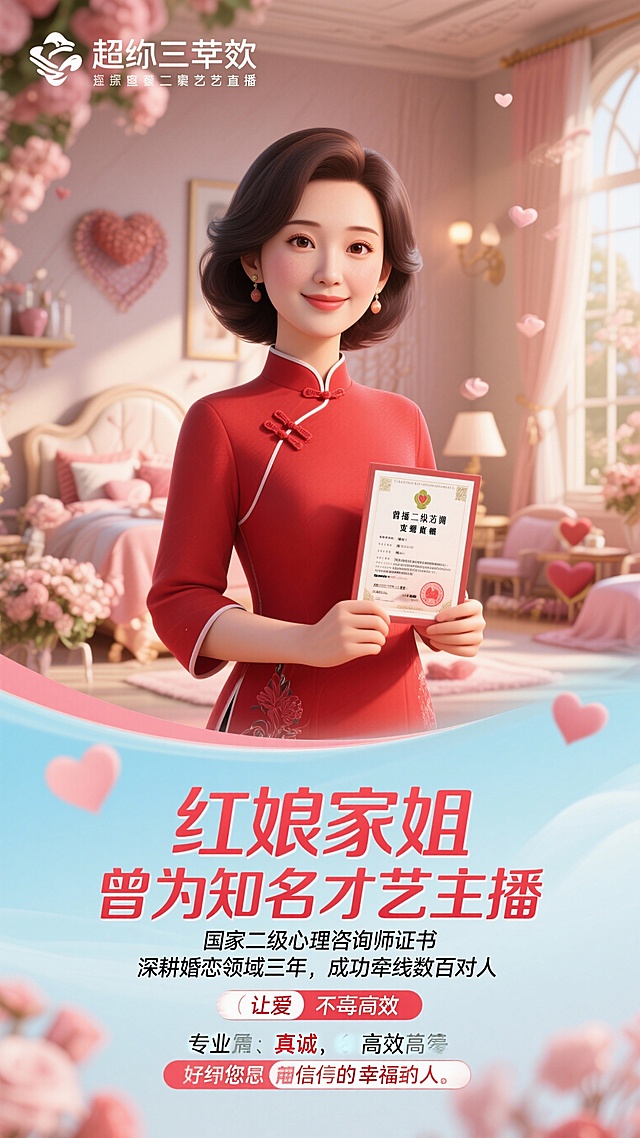 红娘家姐
曾为知名才艺主播
国家二级心理咨询师证书
深耕婚恋领域三年，成功牵线数百对有情人
以敏锐洞察力与专业情感疏导，精准匹配灵魂伴侣，让爱不再迷茫
专业、真诚、高效，做您值得信赖的幸福引路人