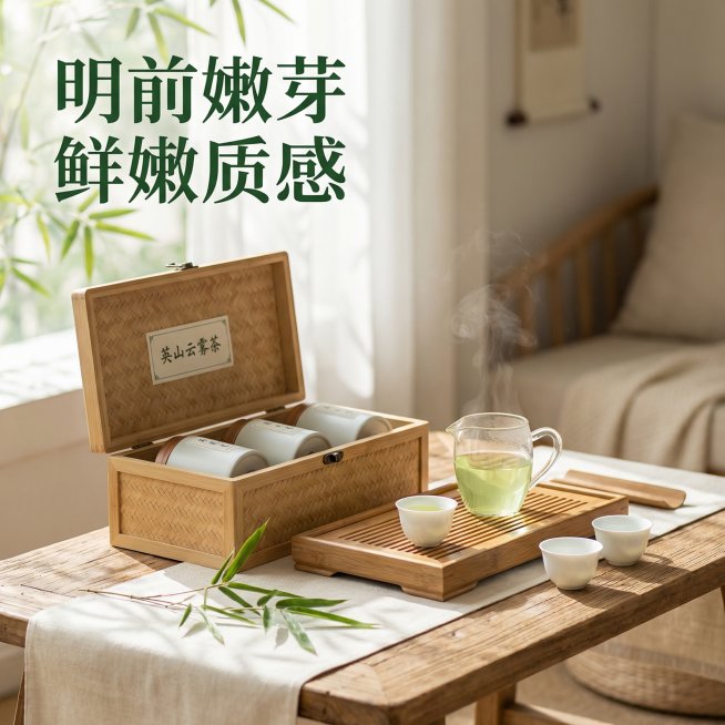 基于「图片1」，生成一套主图（5张），商品为英山云雾茶明前一级（竹影），商品核心卖点是2026年新茶，明前限定采摘，茶汤纯净无杂质，叶底鲜活完整，尽显明前嫩芽的鲜嫩质感，氛围/风格是有意境、养生治愈，预览效果