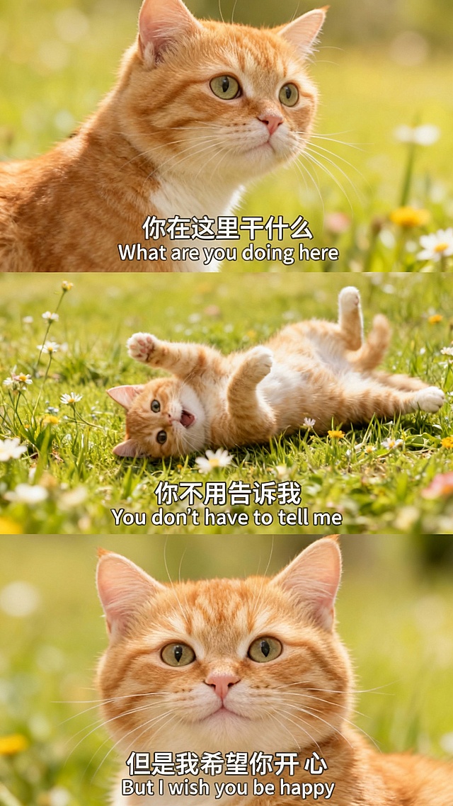 三宫格艺术感写真图，场景为草坪，草地有小花儿。画面主体为参考图中的猫咪。最上面一张为近景，猫咪侧身看着镜头露出疑惑的表情，添加中英字幕 “你在这里干什么  What are you doing here”；中间一张是小猫在地上打滚，添加中英字幕 “你不用告诉我 You don't have to tell me”；下面一张是特写，小猫对着镜头露出微笑的表情，添加中英字幕 “但是我希望你开心 But I wish you be happy”；整体色调温暖有趣，三张图合成横向三宫格。