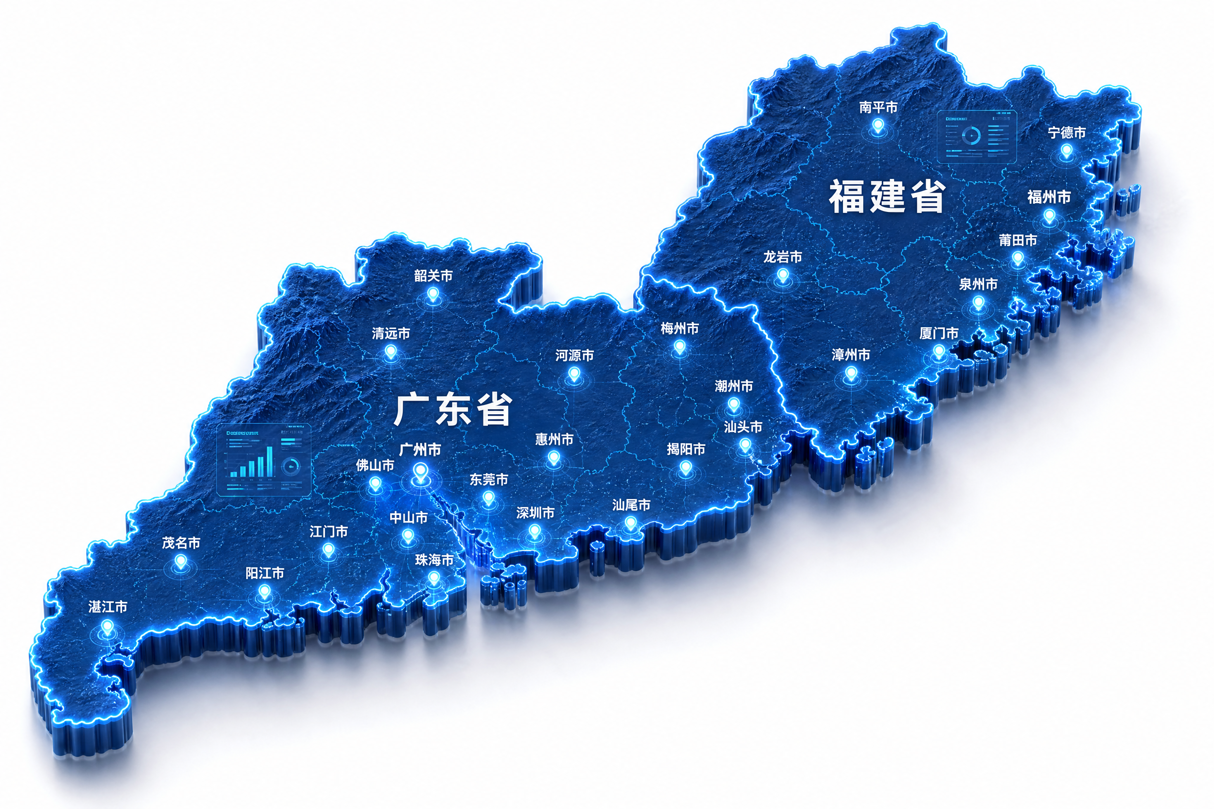 3D立体科技风格的华东区域地图示意图，包含福建省和广东省两个省… - 图片创意预览