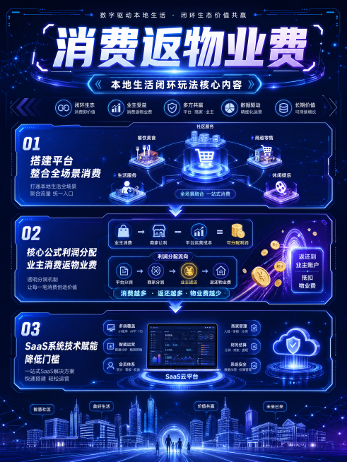 电子科技风海报，展示本地生活闭环玩法核心内容："消费返物业费"，包含三个步骤说明：1.搭建平台整合全场景消费；2.核心公式利润分配，业主消费返物业费；3.SaaS系统技术赋能降低门槛。整体使用蓝紫色调预览效果