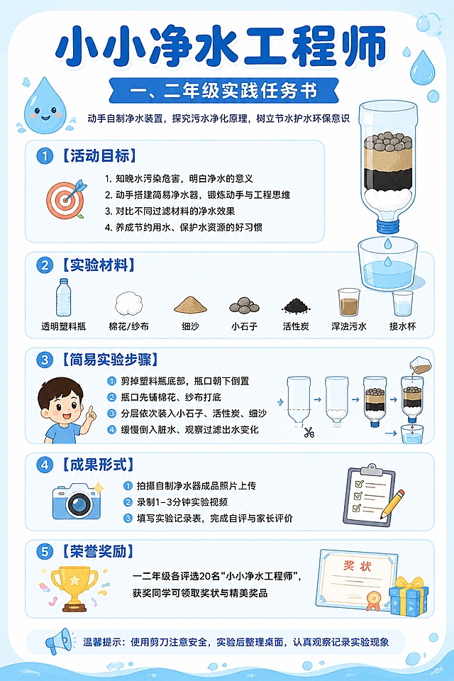 A4竖向排版的科学实践任务海报，整体风格简约清爽，低龄儿童友好，主色调浅蓝搭配纯白。画面添加简约扁平风的水滴、简易净水器卡通小插画，装饰元素简单不遮挡文字。

文字分区清晰，分区用浅蓝色圆角框分割，留白充足，字体圆润醒目，文字精简排版不拥挤，适合打印。

顶部标题区：大主标题加粗放大"小小净水工程师"，小字副标题"一、二年级实践任务书"，简介小字"动手自制净水装置，探究污水净化原理，树立节水护水环保意识"

板块一【活动目标】：1.知晓水污染危害，明白净水的意义 2.动手搭建简易净水器，锻炼动手与工程思维 3.对比不同过滤材料的净水效果 4.养成节约用水、保护水资源的好习惯

板块二【实验材料】：透明塑料瓶、棉花/纱布、细沙、小石子、活性炭、浑浊污水、接水杯

板块三【简易实验步骤】：①剪掉塑料瓶底部，瓶口朝下倒置 ②瓶口先铺棉花、纱布打底 ③分层依次装入小石子、活性炭、细沙 ④缓慢倒入脏水，观察过滤出水变化

板块四【成果形式】：①拍摄自制净水器成品照片上传 ②录制1-3分钟实验视频 ③填写实验记录表，完成自评与家长评价

板块五【荣誉奖励】：一二年级各评选20名“小小净水工程师”，获奖同学可领取奖状与精美奖品

底部小字温馨提示：使用剪刀注意安全，实验后整理桌面，认真观察记录实验现象

整体干净通透，层次分明，标题加粗放大，正文清晰易读，简约扁平插画风，尺寸A4竖向