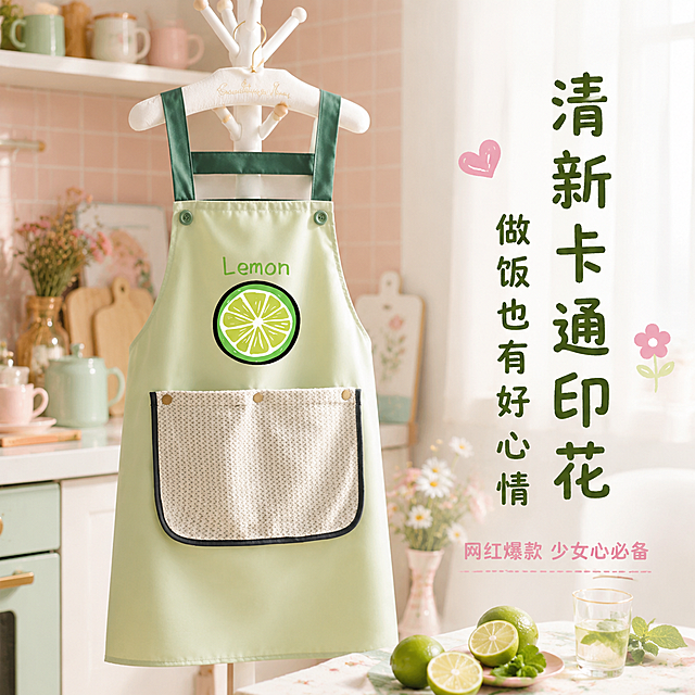 [主图-2] 清新卡通印花颜值卖点图，围裙+少女厨房氛围。
[氛围风格] 清新治愈少女风，颜值情绪向，明亮温馨。
[画质] 商业摄影质感、光线柔和通透、产品清晰真实、画面干净高级。
[元素] 浅绿色青柠Lemon款围裙为主体，正面展示，挂在白色北欧风挂衣架上，背景是马卡龙色系的少女心厨房角落：粉色小瓷砖墙面、白色开放置物架、上面摆放马卡龙色餐具、干花花束、可爱陶瓷杯、ins风小砧板。台面上有新鲜青柠切片、薄荷叶、玻璃水杯做点缀。围裙面料质感细腻，印花清晰可爱。**保持青柠款围裙外观（颜色、印花、口袋、肩带、纽扣）与输入产品图完全一致，杜绝变形色差**。商品主体占比约60%。
[光影] 暖调柔光从右侧窗户照入，形成温柔的侧逆光，围裙边缘有轻微光晕；整体明亮柔和，阴影淡，营造治愈氛围感。
[配色] 主色浅薄荷绿+奶白，辅色淡粉、鹅黄、浅木色；文字用深绿+粉色。
[视角构图] 正面微侧视，围裙略偏左，右侧留负空间放文字；景深较浅，背景虚化，突出围裙主体和印花细节。
[文字版式] 右侧竖排（横排从上到下）大标题，上半部分大字"清新卡通印花"，下半部分稍小"做饭也有好心情"，深绿色粗体手写风格字体，旁边点缀小爱心和小花装饰。底部一行小字"网红爆款 少女心必备"，粉色细体。文字全部在右侧负空间，不遮挡围裙。
[输出要求] 1:1比例，文字清晰锐利，超高清商业摄影质感。
[负向提示词] 变形，文字错乱，产品图模糊，背景杂乱，水印，电商平台Logo，多余的手，畸形手。