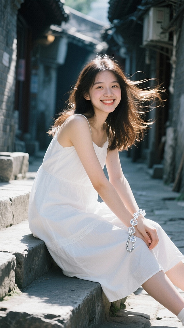 清新唯美的胶片风写真，轻拟物设计融合中式古巷实景，柔和光影勾勒文艺氛围，传递舒适朦胧的夏日诗意。