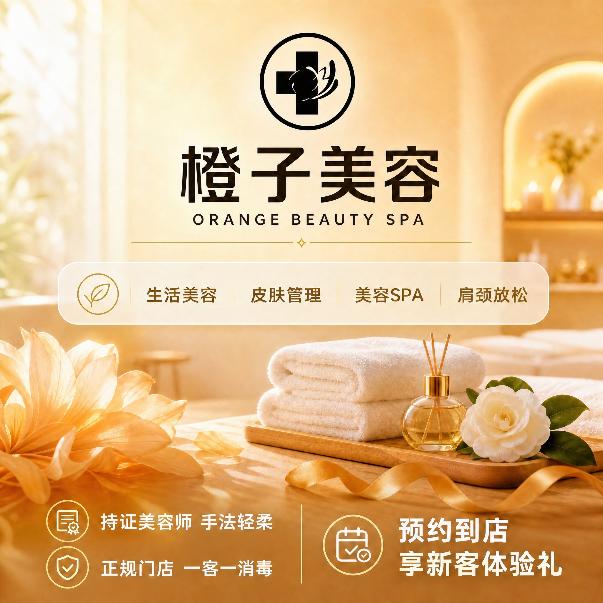 保持第一张图的整体画面、暖橙金配色、柔光氛围、背景花艺与门店场… - 图片创意预览