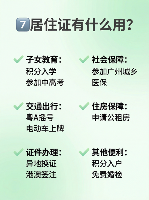 [主图 8] 居住证作用盘点
[氛围风格] 清新实用小红书风格，明亮清爽知识氛围
[画面元素] 商业设计质感、光线柔和通透、文字清晰可辨、画面干净高级。浅绿色渐变背景，两列矩阵排列图标加要点，展示居住预览效果