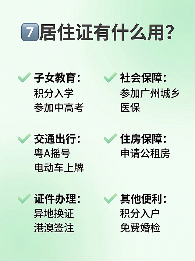 [主图 8] 居住证作用盘点
[氛围风格] 清新实用小红书风格，明亮清爽知识氛围
[画面元素] 商业设计质感、光线柔和通透、文字清晰可辨、画面干净高级。浅绿色渐变背景，两列矩阵排列图标加要点，展示居住证六大核心用处，信息密度适中好读。
[配色色系] 主色调：清新浅绿色；辅助色：白色背景、深灰色文字。
[视角构图] 正前方平视，居中构图，无边框满铺。
[文字版式] 顶部大标题 “7️⃣ 居住证有什么用？” 深灰色粗体；下方分两列排列六项核心权益：左列：“子女教育：积分入学 参加中高考”、“交通出行：粤A摇号 电动车上牌”、“证件办理：异地换证 港澳签注”；右列：“社会保障：参加广州城乡医保”、“住房保障：申请公租房”、“其他便利：积分入户 免费婚检”；每个要点前配浅绿色对勾图标，清晰美观。
[比例分辨率] 3:4比例，2K分辨率，文字清晰，超高清。
[负向提示词]变形，水印，文字错乱，背景杂乱，配色刺眼，遮挡主体。