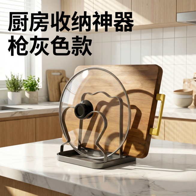 厨房台面上的枪灰色锅盖砧板架，主体突出，搭配明亮的厨房背景，添加醒目的文字“厨房收纳神器 枪灰色款”，光影强烈对比，3秒抓眼球，电商主图风格预览效果