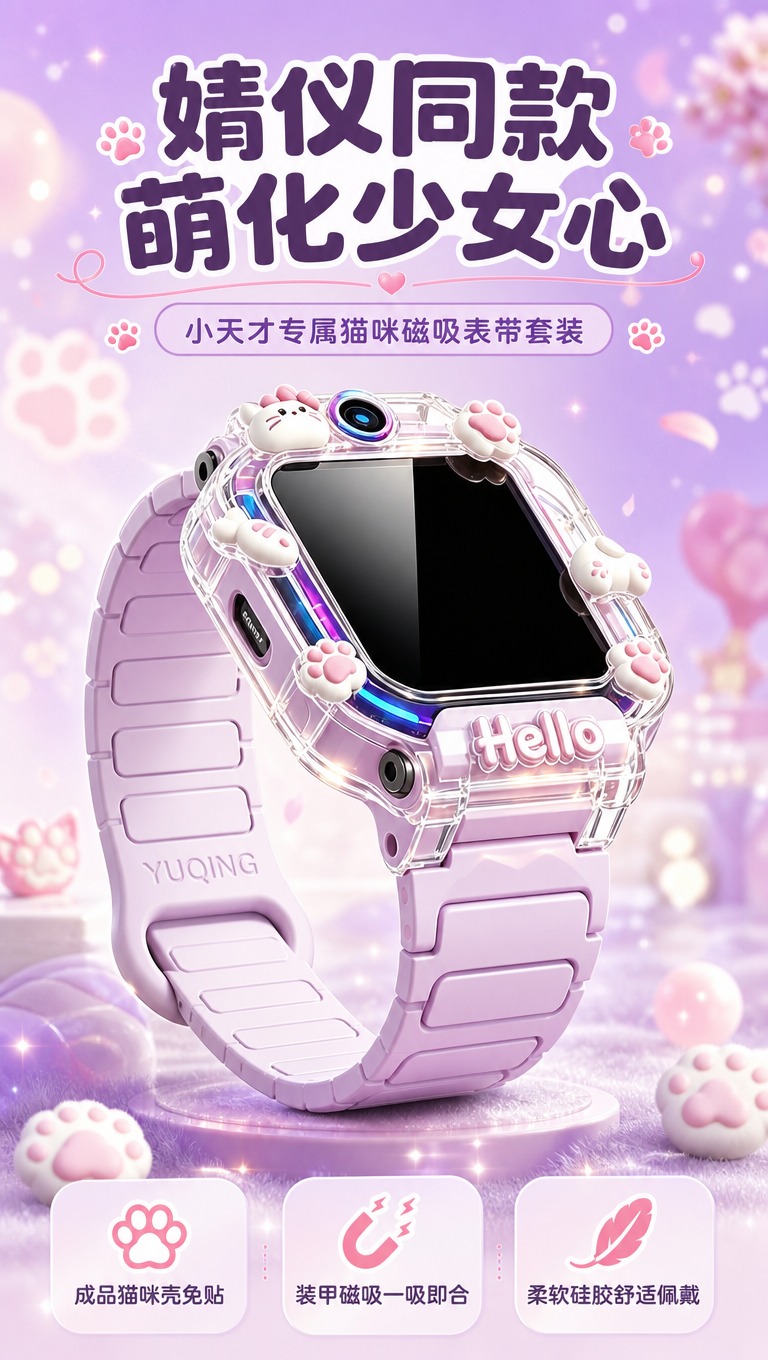 [商品] 使用【图1】紫色款小天才手表装甲磁吸硅胶表带+猫咪立… - 图片创意预览