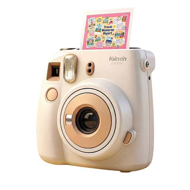 一个拍立得相机，相机上方正在打印出一个旅行回忆报告，粉色背景，3D渲染，C4D，辛烷值渲染，超细节，鲜艳的色彩，回忆的气氛，8K，高分辨率。