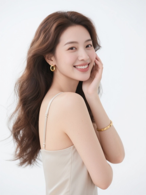高清晰度商业人像摄影，柔和细腻的光线，白皙通透的肌肤质感，自然立体的五官，棕色长卷发自然垂落，发丝轻盈飘逸，身着浅色简约吊带，佩戴金色细圈耳环和金色细手镯，半身构图，人物侧身转头微笑，一手轻抚脸颊，一手自然下垂，背景纯白色，整体风格清新优雅，简约大气，突出人物主体和精致妆容。预览效果