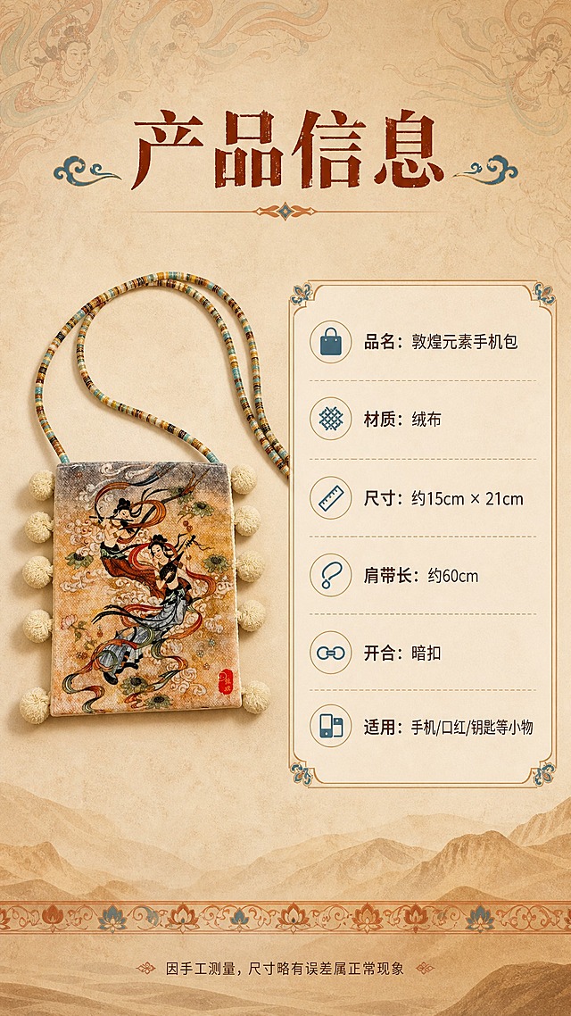 [商品] 使用【图7】米黄飞天款敦煌手机包；商品处理：保留长方形竖款包型、绒布材质、米黄底色飞天印花、两侧毛球流苏、彩色编织肩带、红色小标；自然理顺包身，增强绒面纹理质感，不改变包型结构。
[画面] 目标：产品信息卡页，展示尺码参数与选购说明。构图：左侧平铺展示米黄飞天款手机包（占画面40%），右侧信息卡区域（占画面50%）。景别：包为近景平铺。场景：浅米黄敦煌肌理背景，柔和均匀布光，包下方有自然投影。阅读动线：顶部标题→左侧包身→右侧参数信息卡。
[视觉] 套系策略：风格=敦煌国潮复古商业摄影；标题字=国风宋体粗体，带轻微飞白装饰；正文字=简洁无衬线体；主色=暖橙赭石色；背景延展=基于暖橙赭石做深浅渐变、敦煌壁画肌理和沙漠质感；强调色=石青蓝，仅用于小面积图标、引线和标签；标题色=深赭石色；正文色=暖棕褐色；组件=圆角米黄信息卡、细线引线、敦煌纹样装饰边；光影=正上方柔和均匀布光。
[文字] 顶部主标题"产品信息"（4字）。右侧信息卡内容：「品名：敦煌元素手机包」「材质：绒布」「尺寸：约15cm × 21cm」「肩带长：约60cm」「开合：暗扣」「适用：手机/口红/钥匙等小物」。底部小字选购建议：「因手工测量，尺寸略有误差属正常现象」。所有文字均为横排，字号手机端清晰可读。
[规格] 图片比例9:16竖版，4K，负向提示：避免变形、错字、文字过小、冷蓝灰背景、包型失真、竖排文字、绝对化用语。