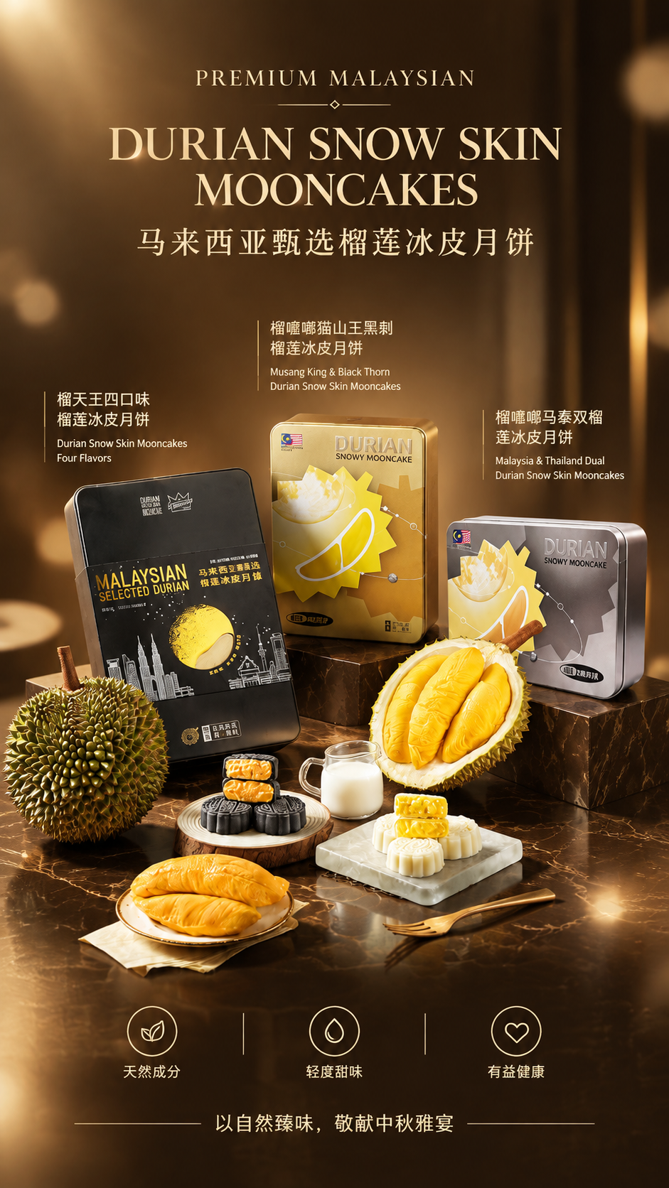 将这张榴莲冰皮月饼海报重绘为高级奢华质感风格。保留原图所有产品… - 图片创意预览