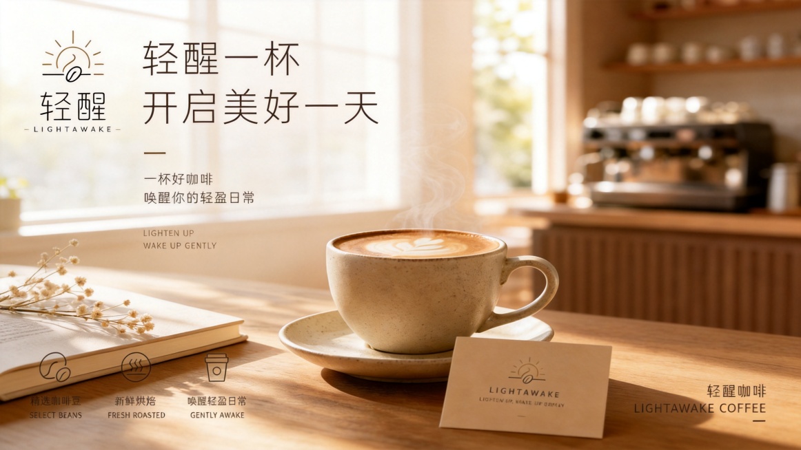 参考这个轻醒咖啡海报的风格，生成一张横版的咖啡宣传海报，保留温暖阳光的咖啡店氛围，保持品牌logo和文案排版结构，调整为横版构图，整体色调温暖治愈预览效果