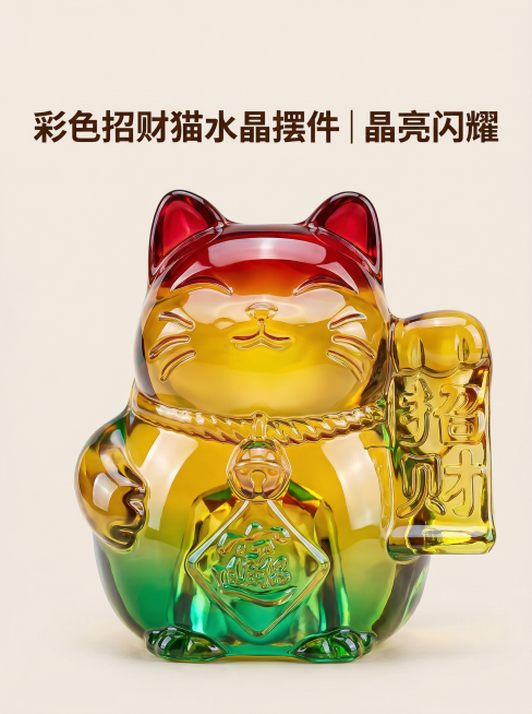 彩色招财猫水晶摆件主卖点海报，背景为纯净浅米色，大幅高清彩色招财猫水晶摆件居中放置，光影凸显水晶通透质感与红黄绿渐变色彩。顶部居中悬浮文字“彩色招财猫水晶摆件｜晶亮闪耀”，字体为无衬线粗体深棕色，文字预览效果