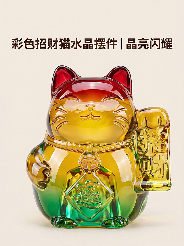 彩色招财猫水晶摆件主卖点海报，背景为纯净浅米色，大幅高清彩色招财猫水晶摆件居中放置，光影凸显水晶通透质感与红黄绿渐变色彩。顶部居中悬浮文字“彩色招财猫水晶摆件｜晶亮闪耀”，字体为无衬线粗体深棕色，文字无底色悬浮，不遮挡产品主体。画面简约清晰，突出产品核心卖点。2k分辨率，750*1000比例