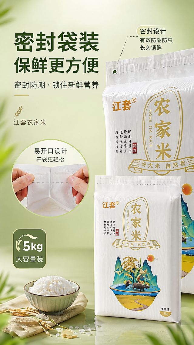 [第7屏]江套农家米包装细节展示，5kg袋装密封设计。微距展示包装袋封口位置，突出防潮密封设计，双手展示开袋动作，整体展示包装袋全貌保持外观不变。左侧大标题"密封袋装 保鲜更方便"。统一浅米绿底色，9:16竖版，4K，文字清晰。负向提示：包装变形，文字错乱，手部畸形。