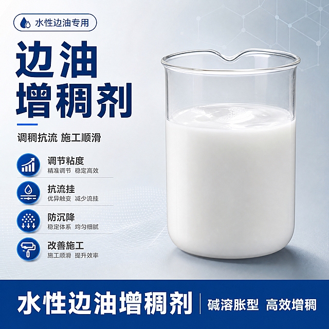 [主图-1] 水性边油增稠剂首图 突出专业化工品质与核心功效
[统一基调] 工业化工专业风 蓝白主色 浅灰渐变背景 标题深蓝色粗黑体 辅助文字深灰色 强调色科技蓝 简洁干净专业感
[画面] 中心偏右放置玻璃烧杯装乳白色水性边油增稠剂 产品占画面约60% 烧杯正面清晰可见乳白色乳液质感 液面有自然光泽 烧杯底部有柔和接触阴影 左侧上方大标题区 下方排列4个核心卖点图标加短句 底部一条深蓝色通栏放产品全称 左上角放小型产品类别标识 背景为浅灰到淡蓝渐变 带细微科技网格纹理 整体干净专业
[光影质感] 商业产品摄影质感 主光从左上方打来 烧杯玻璃有通透高光 乳液表面有柔和反光 底部有自然投影 立体感强
[配色] 背景浅灰渐变 标题深蓝色 辅助文字深灰 强调色科技蓝 产品乳白色 整体蓝白灰三色协调
[文字版式] 左上角小字 水性边油专用 左侧大标题 边油增稠剂 大字粗体 副标题 调稠抗流 施工顺滑 下方四个图标加文字 调节粘度 抗流挂 防沉降 改善施工 底部通栏 水性边油增稠剂 碱溶胀型 高效增稠
[输出要求] 1:1比例 2048x2048 文字清晰可读 产品清晰不变形 无水印 无平台logo 无多余杂物