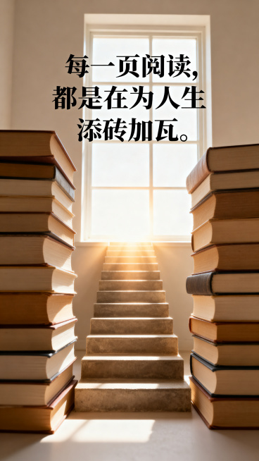 世界读书日主题，文字'每一页阅读，都是在为人生添砖加瓦。'，简约正能量风格，阶梯状堆叠的书本，通向明亮的窗户外的光芒，整体积极向上，暖色调氛围感预览效果