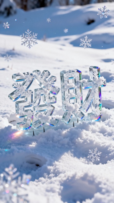 背景是皑皑白雪个别特写的雪花：前景是晶莹剔透“发财”蓬松雪花繁体字，冰雕雪花纹理描边，多层冰块玻璃质感叠加有一定厚度，重重的扎在松软白茫茫的雪地里，文字四周有深深的凹痕，有道光线照射在边缘上，文字折射预览效果