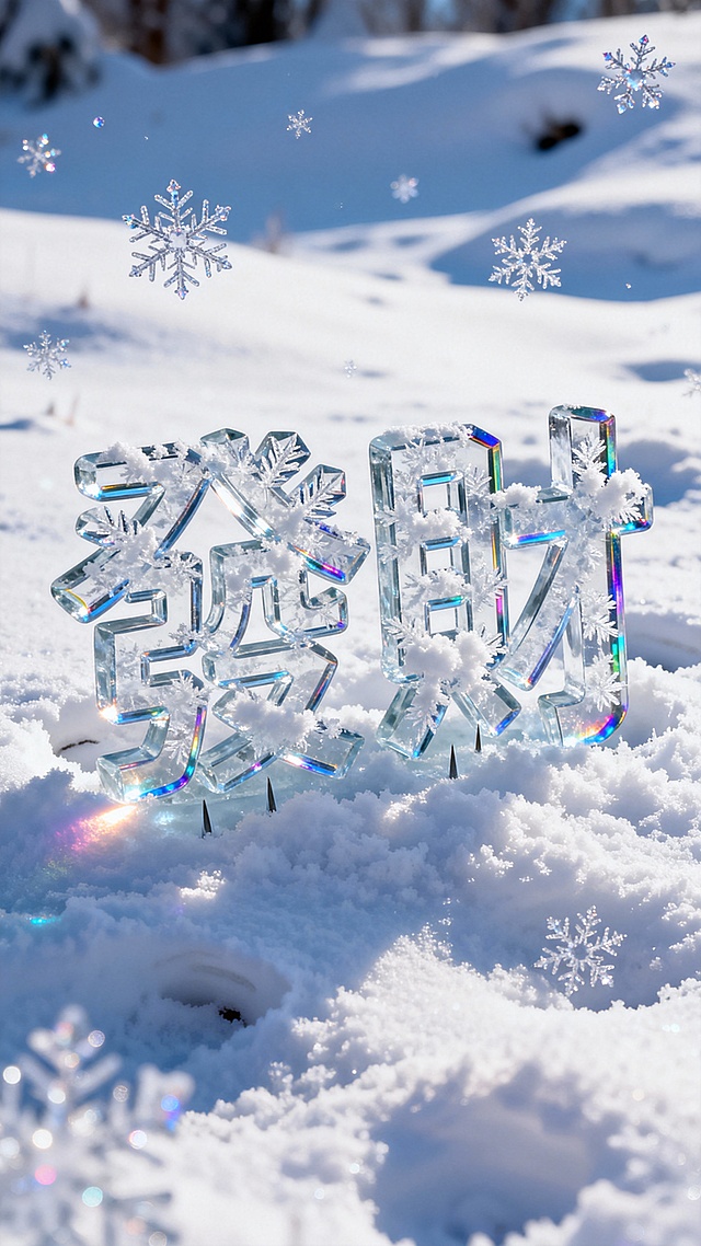 背景是皑皑白雪个别特写的雪花：前景是晶莹剔透“发财”蓬松雪花繁体字，冰雕雪花纹理描边，多层冰块玻璃质感叠加有一定厚度，重重的扎在松软白茫茫的雪地里，文字四周有深深的凹痕，有道光线照射在边缘上，文字折射出彩色光泽。画面清透明亮极致高清