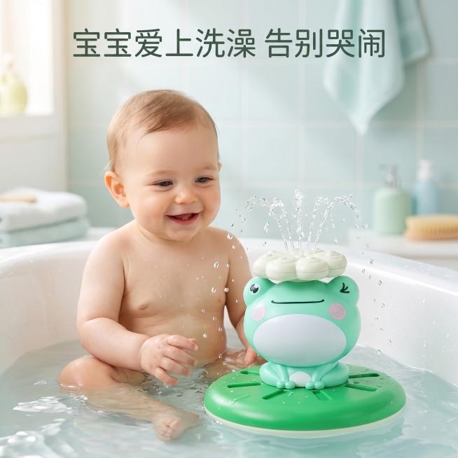 [主图-4] 宝宝浴室使用场景展示
[氛围风格] 真实温馨亲子浴室场景，清新水感风格，和整套主图光影风格统一
[画质] 商业摄影质感，自然真实，清晰通透
[元素] 可爱小宝宝在浴盆里开心玩耍，电动喷水预览效果