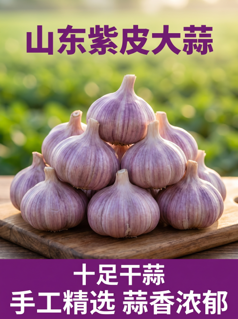 [主图 1] 首图展示，山东紫皮大蒜点击率主图，氛围风格自然真实、食欲感十足，商业农业产品风格；画质商业摄影质感、光线柔和通透、产品清晰真实、画面干净高级；元素多颗饱满完整的紫皮干蒜头堆叠在木质案板上预览效果