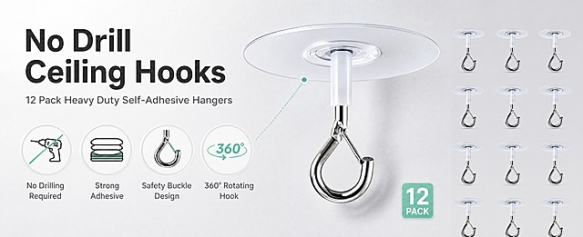 [商品] 使用【图1】【图2】免打孔自粘天花板挂钩，12件套；保留透明圆形粘胶底座、白色连接杆、银色金属挂钩、安全扣弹簧结构、整体比例和颜色；增强金属光泽质感和粘胶底座通透感，不改变产品结构。
[画面] 目标：首屏主视觉海报，建立产品专业认知。左文右图构图，左侧为标题和四大卖点图标区，右侧为产品主体展示区。主体占画面约55%，右侧展示单个大号产品特写+12件套装矩阵缩略图。阅读动线从左上标题到左下卖点，再到右侧产品。背景为浅灰渐变，简洁高级。
[视觉] 套系策略：风格=跨境亚马逊极简高级商业摄影；标题字=现代无衬线粗体英文字体；正文字=简洁无衬线英文字体；主色=银灰+浅灰白；背景延展=基于浅灰白做深浅层级渐变和细腻哑光质感；强调色=薄荷绿，仅用于小面积图标、引线和标签点缀；标题色=深炭灰；正文色=中灰；组件=圆角浅底信息卡、细线引线、圆形图标框；光影=左前侧柔光，金属高光自然。
[文字] 左上主标题"No Drill Ceiling Hooks"，副标题"12 Pack Heavy Duty Self-Adhesive Hangers"；左侧竖排四个圆形图标卖点："No Drilling Required"、"Strong Adhesive"、"Safety Buckle Design"、"360° Rotating Hook"；文字全部横向排版，不遮挡产品主体。
[规格] 图片比例61:25横版，4K，避免变形、错字、文字过小、冷蓝背景、产品结构改变、金属质感失真。