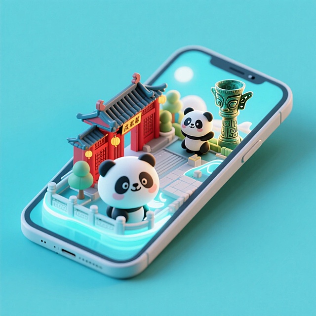 软3D风结合粘土质感，萌趣熊猫穿梭于微缩中式庭院，手机屏幕化作梦幻舞台，科技与传统交融，传递清新可爱与节日喜庆。