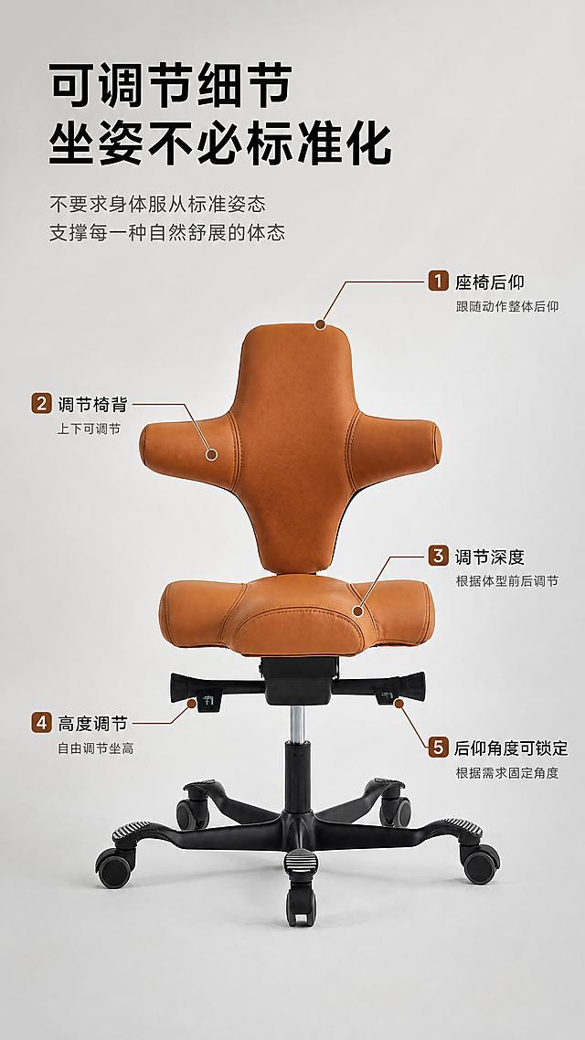[商品] 使用【图7】复古棕牛皮款工学骑马椅；保留十字形靠背、马鞍坐垫、双拨杆调节、黑色五星脚轮、整体结构比例与复古棕牛皮材质纹理。
[画面] 目标：可调节细节总览页。上文下图构图，顶部约1/5文案区，下方为产品正面视角，用5条引线标注5大调节功能：①座椅后仰（靠背顶部引线）②调节椅背上下（靠背左侧引线）③调节深度（坐垫中部引线）④高度调节（左侧拨杆引线）⑤后仰角度可锁定（右侧拨杆引线）。产品占画面约65%。浅灰渐变背景，干净高级。
[视觉] 套系策略：风格=北欧简约高级商业摄影；标题字=现代无衬线粗黑体；正文字=简洁无衬线体；主色=复古棕+浅灰；背景延展=基于浅灰/米白做渐变层级；强调色=深焦糖棕，仅用于引线端点和小圆点；标题色=炭黑色；正文色=暖灰色；组件=细线引线+端点圆点、简洁标注框；光影=前侧柔光，突出产品立体感。
[文字] 顶部：主标题"可调节细节 坐姿不必标准化"（两行大字），副标题两行"不要求身体服从标准姿态""支撑每一种自然舒展的体态"。5处标注文字分别为："座椅后仰 跟随动作整体后仰"、"调节椅背 上下可调节"、"调节深度 根据体型前后调节"、"高度调节 自由调节坐高"、"后仰角度可锁定 根据需求固定角度"。文字均为横排。
[规格] 图片比例9:16竖版，4K，负向：变形、错字、文字过小、颜色改变、结构失真、底部文字标注。