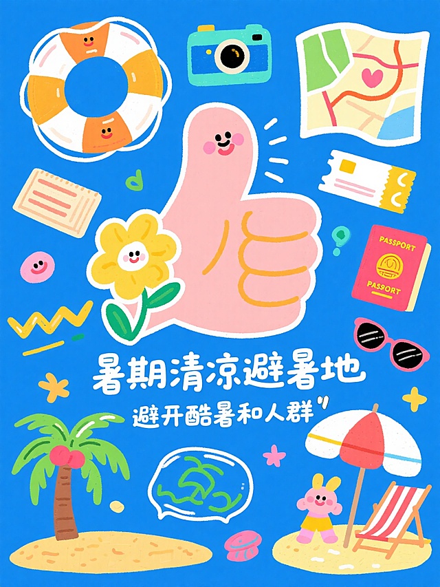 插画风设计，卡通拟人元素，清爽夏日主题，生动表达暑期避暑创意。