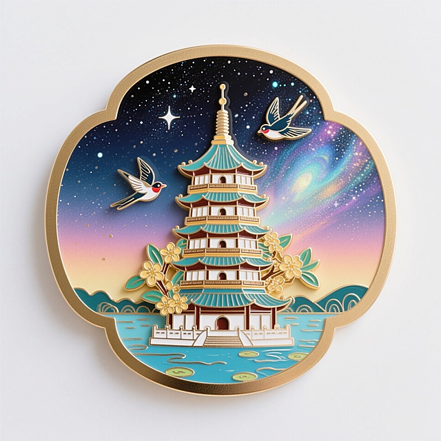 金属冰箱贴，中国风，杭州雷峰塔造型，塔周边桂花装饰，空中有二只小鸟，下方为西湖水景，背景为星空，珐琅彩渐变星云，金边外框带有3D浮雕