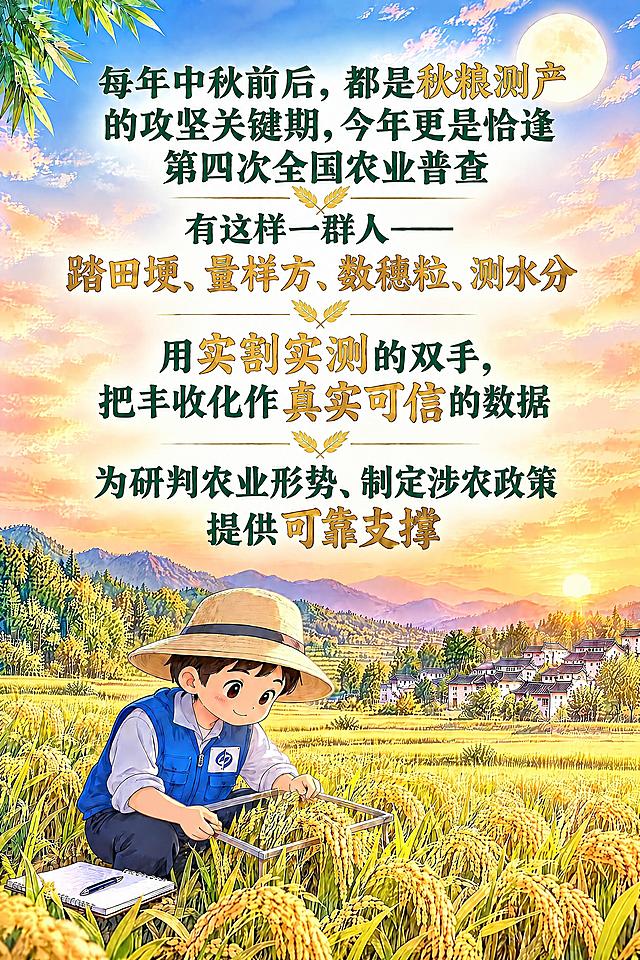 对这张长图进行局部文字样式修正，其他内容完全保持不变：将第一段中的'秋粮测产'四个字改为重点标注样式，即颜色改为与下方'踏田埂、量样方、数穗粒、测水分'完全相同的金色（同样的金黄色、同样的字体、同样的字号、同样的粗细），使其与下方的重点标注文字风格完全一致。

其余所有文字（'每年中秋前后，都是'、'的攻坚关键期，今年更是恰逢第四次全国农业普查'、'有这样一群人——'、'踏田埂、量样方、数穗粒、测水分'、'用实割实测的双手，把丰收化作真实可信的数据'、'为研判农业形势、制定涉农政策提供可靠支撑'）、金色麦穗分隔图标、戴帽调查员人物、蓝马甲标志、样方框、记录本、金黄稻田、村落、月亮天空、整体色调和布局均保持原样，文字清晰无错字。