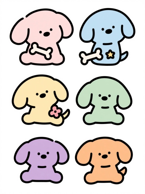 极简风格手绘卡通素材，六个不同配色、不同样式的卡通小狗，每个小狗保持圆润可爱的造型，线条简洁流畅，黑色细轮廓线，填充色分别为浅粉、浅蓝、浅黄、浅绿、浅紫、浅橙，部分小狗可持有不同小元素（如小骨头、小花朵、小星星），白色纯净背景，所有卡通小狗呈两行三列整齐排列，间距均匀，构图平衡，整体风格统一，可爱治愈，矢量感，清晰边缘。预览效果