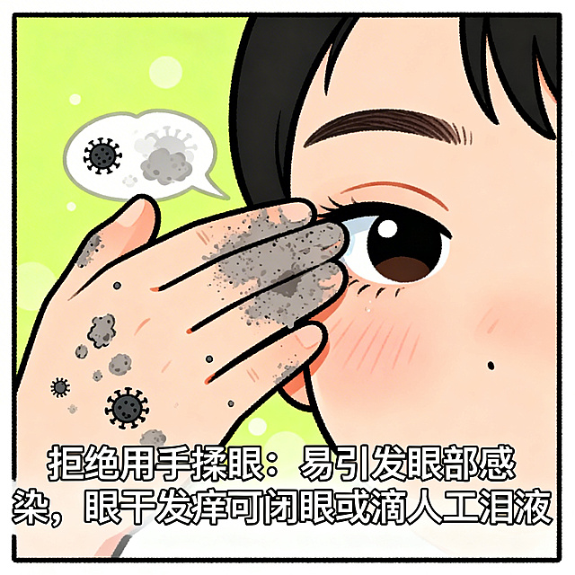 漫画风格，画面展示一只沾着灰尘和病菌的手正要揉眼睛，旁边配文字“拒绝用手揉眼：易引发眼部感染，眼干发痒可闭眼或滴人工泪液”，画风可爱易懂