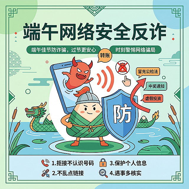 端午节反诈网络安全主题配图，简约插画风格，反诈警示主题，包含诈骗电话、盾牌、粽子元素，整体设计简约干净，比例1:1，主题清晰明确，提醒人们防范电信网络诈骗