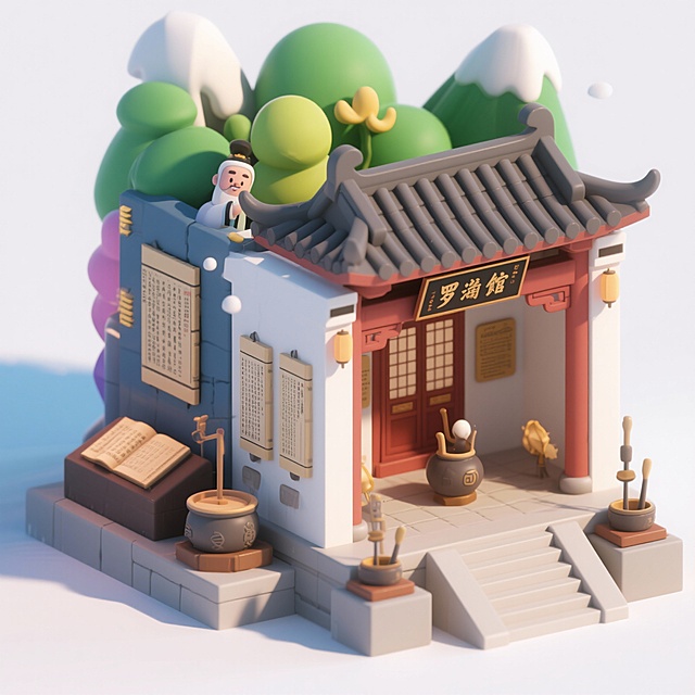 请用卡通形式设计出罗浮山以下8个景点，每张图的设计风格要保持一致，请先网上搜索每个景点的实景图再根据实际设计，只展示景点本身并用白色背景：
白莲湖、冲虚古观、东江纵队纪念馆、葛洪博物馆、狮子峰、罗浮山登山索道、鹰嘴岩、飞云顶