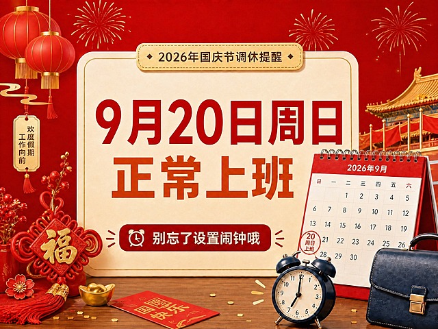 将图中的日期从'10月11日 周日'改为'9月20日 周日'，保持字体、颜色、大小和位置不变。同时将右侧日历从'2026年10月'改为'2026年9月'，调整日历中的日期排布，使20号对应周日，并在20号位置标注红色圆圈和'周日 上班'字样，与原图11号的标注样式一致。其余画面元素（灯笼、中国结、闹钟、公文包、背景等）保持不变，整体风格和色调保持一致。