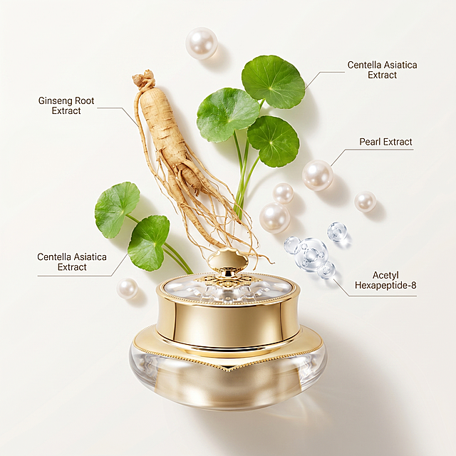 [Main Image 2] Core ingredients analysis display image. [Atmosphere Style] Minimalist high-end scientific research style, light bright tone. [Image Quality] Commercial photography texture, soft light, clear picture, high-end advanced. [Elements] Keep the appearance of the product Ginseng Pearl Tinted Moisturizer consistent with the input image, the product is placed at the bottom center of the picture. Around the product, the real core ingredients are suspended: natural ginseng root, centella asiatica leaves, round pearls, a small amount of 3D transparent molecular spheres. Fine thin lines point to each ingredient, with simple English text labels next to them: Ginseng Root Extract, Centella Asiatica Extract, Pearl Extract, Acetyl Hexapeptide-8. Product texture is clear, ingredients are arranged scattered and layered. The background is light off-white. The picture is full screen without border. [Light and Shadow] Soft natural light, soft light bright, high light highlights the material texture of each ingredient, soft shadow, transparent level. [Color Matching] Main color light off-white, auxiliary color natural plant brown green, pearl white, product gold. [Perspective Composition] Slightly overhead perspective, product + ingredients layered, product is the main visual focus. [Text Typesetting] All English, small word size, simple label, do not cover the product subject. In line with Amazon cross-border platform specification. [Proportional Resolution] 1:1 ratio, 2k resolution, super high definition. [Negative Prompt] Deformation, watermark, text confusion, blurred product image, messy background, Chinese characters