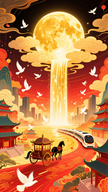 月光如金色的瀑布从圆月（占满画面2/3）上倾泻到底部的全景大地上（马车、动车分别行驶在古建筑和城市间），画面带有发光效果，白鸽飞过，整体画面充斥着华丽的金色和喜庆的红色，奇幻色彩和光影变化，具有丰富的预览效果