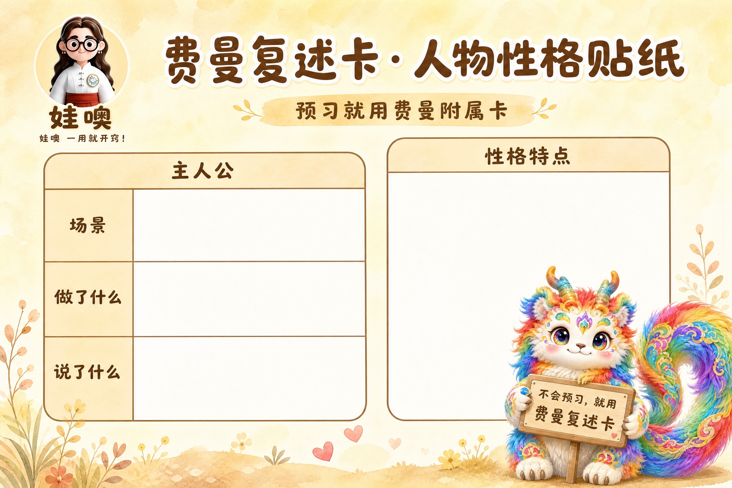 参考图1的版式骨架和暖色调水彩手绘风格，生成A4横版学习卡模板… - 图片创意预览