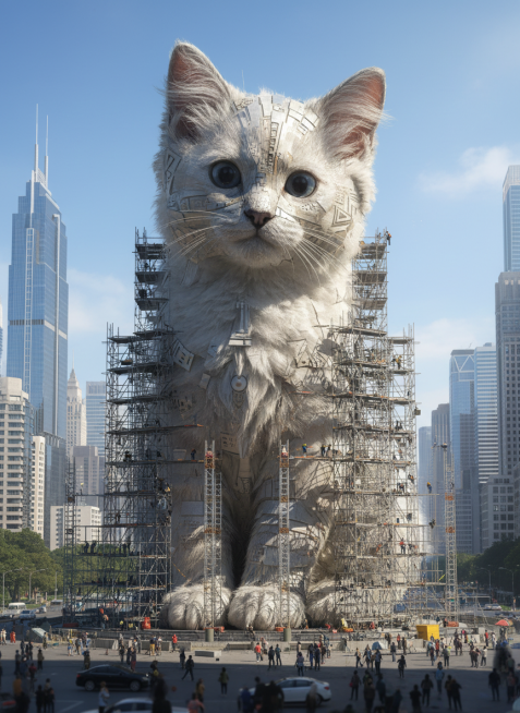 上传图中的猫咪主体，化身为现代城市中正在建设的巨型艺术雕塑装置。该巨型人物周围环绕着大面积脚手架，背景是澄澈蓝天与细节丰富的城市景观（包含街道、建筑、车辆，以及底座周围的渺小人群），整体画面超细节呈现预览效果
