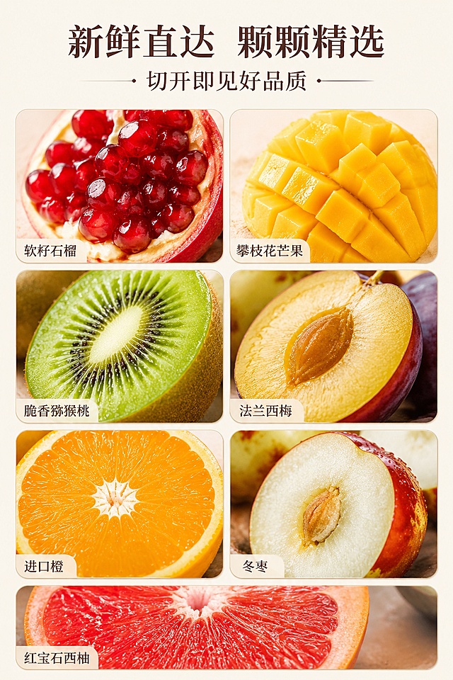 [第6屏] 鲜果品质细节，展示每种水果切开后的真实果肉质感。
[氛围/风格] 生鲜微距特写风格，新鲜诱人，颗粒饱满，汁水丰盈，高级食欲感。
[元素布局] 2×3网格拼图布局，展示六种切开的鲜果切面：软籽石榴、攀枝花芒果、脆香猕猴桃、法兰西梅、进口橙、冬枣，最后一个区块放置红宝石西柚切面；每个切面为圆角独立卡片，干净排列，果实占每个卡片90%面积，突出果肉新鲜质感。
[光影质感] 侧光打亮果肉纹理，汁水反光自然，凸显水润新鲜，每个果实光影均匀清晰，果肉纹理分明。
[配色色系] 全局底色 #F9F6F0，主色为多种果肉自然色彩（红色石榴、黄色芒果、绿色猕猴桃等），辅助色浅灰色卡片描边，深棕色文字，保持整体清新高级。
[视角构图] 网格平铺构图，每个果实独立微距特写，整齐美观，阅读动线从上到下从左到右清晰自然。
[文字版式] 顶部主标题「新鲜直达 颗颗精选」，副标题「切开即见好品质」，居中对齐；每个果实卡片角落标注对应水果名称，小字清晰不遮挡果肉；文字使用温润深棕色宋体，字号清晰手机可读。
[比例分辨率] 宽度 750px，高度 1125px，比例 2:3 竖版，4K 分辨率，文字清晰可辨，高清画质。
[负向提示词] 果实腐烂，果肉变形，纹理模糊，颜色失真，文字错乱，排版拥挤，水印。