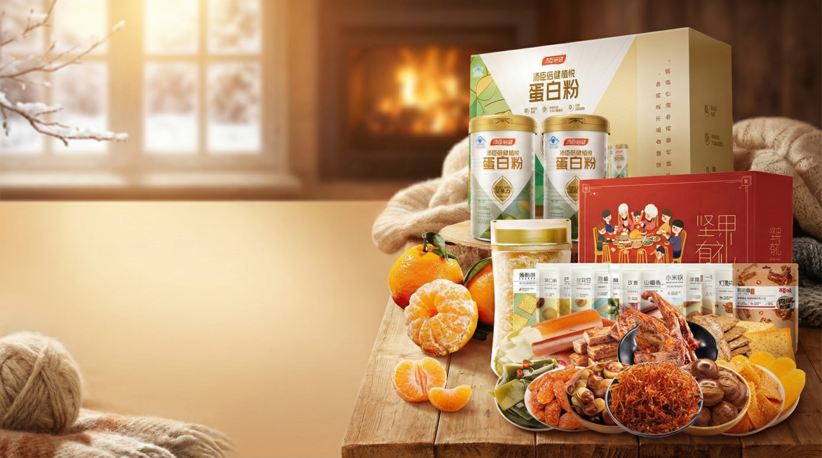 给这四个商品生成一个冬天温暖的背景，富有光感，商品摆放错落有致，商品摆放在图片右侧，左侧位置留空预览效果