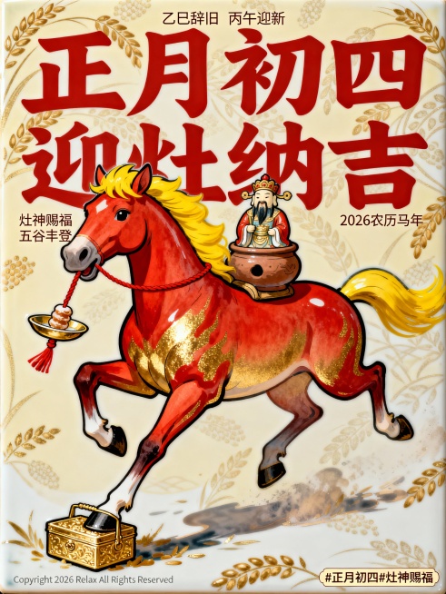 主体为灵动国潮风卡通骏马（扬蹄奔腾状，前蹄踩着一只描金食盒，嘴里叼着红绳，红绳挂着一碟麦芽糖，背上驮着陶土灶王爷像，马身以红金渐变为主色调，鬃毛点缀亮黄色），背景是浅米黄色底纹叠加淡金色五谷暗纹，画面预览效果